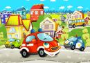 Cartoon Scene With Happy Cars On Street Going Through the City - Illustration For Children