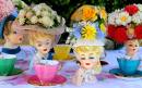 Vasos Vintage Lady Head e xícaras de chá