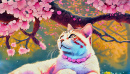 Um gato fofo fofo com flores de cerejeira