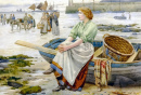 Menina Fisher esperando na costa