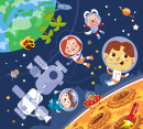 Astronautas perto da Estação Espacial e da Lua