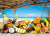 Frutas tropicais em uma praia do Caribe