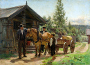 Dois homens e um menino com um cavalo e uma carroça