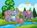 Elefantes brincando em um rio