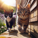 brown striped cat and a black and white cat strolling along a garden wall in the sunshine