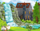 Castelo do País das Maravilhas com uma cachoeira
