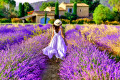 Mulher em campos de lavanda florescentes