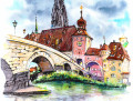 Aquarela da ponte de pedra em Regensburg, Alemanha