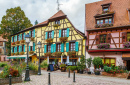 Street With Historical Houses In Ribeauville, Alsace, France