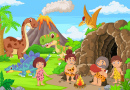 Grupo de homens das cavernas e dinossauros dos desenhos animados