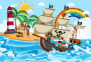Beach With Pirate Ship At Daytime Scene In Cartoon Style Illustration