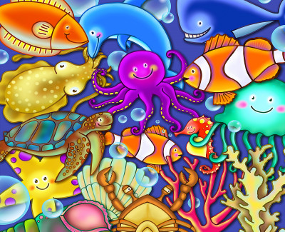 Criaturas Marinhas Subaquáticas em Desenho Animado