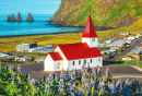 Vista da Igreja de Reyniskirkja em Vik, Islândia